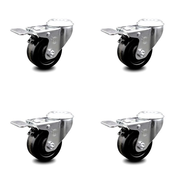 3.5 Inch Phenolic Wheel Swivel Bolt Hole Caster Set with Total Lock Brake SCC